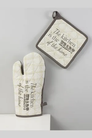 Blanc9 Beige & Grey Printed Cotton Oven Glove With Pot Holder