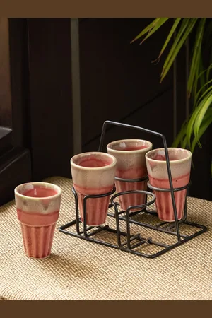 ExclusiveLane Peachy Set Of 4 Dishwasher Safe Stoneware Kulhads 100 ml Each