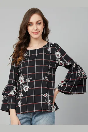 Rare Fashion Black & Red Checked Bell Sleeves Crepe Regular Top
