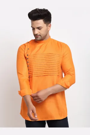 Kaifoo Men Orange Geometric Thread Work Kurta
