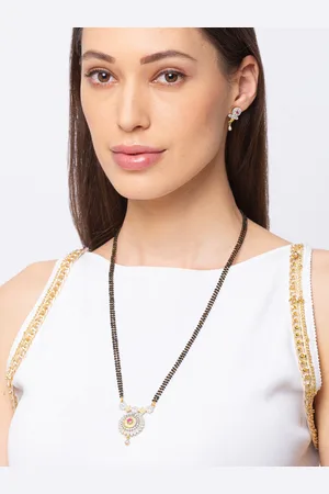 Digital Dress Room Micro-Gold-Plated White & Black Beaded & Stone-Studded Mangalsutra With Earrings