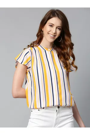 Mast & Harbour Women Off-White & Mustard Yellow Pleated Candy-Striped Blouson Pure Cotton Top