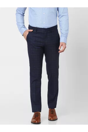 SELECTED Men Navy Blue Checked Slim Fit Trousers