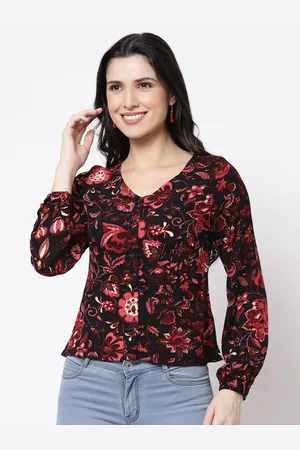 bellamia Black & Red Floral Print V Neck Shirt Style Top