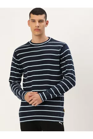Forever 21 Men Navy Blue & White Striped Indigo Dye Longline Pullover Sweater