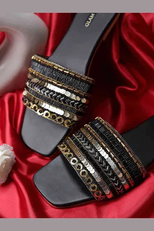 GLAM STORY Women Black Embellished Party Open Toe Flats