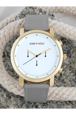 Joker & Witch Men White Embellished Dial & Grey Leather Bracelet Style Straps Analogue Watch