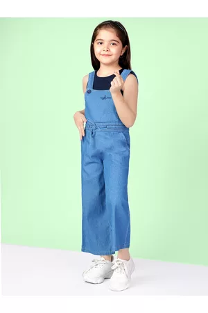 naughty ninos Girls Blue & Black Solid T-shirt with Dungaree