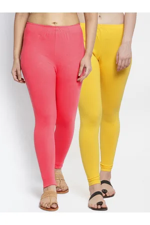Jinfo Women Yellow & Peach Pack Of 2 Solid Leggings