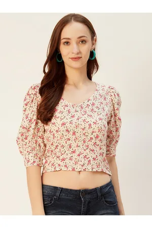 Sera Women Off-White & Pink Floral Print Crop Top