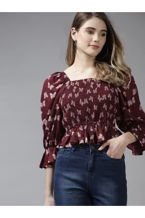 Bhama Couture Maroon & White Floral Print Smocked A-Line Top