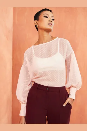 Styli Pink Dobby Cuffed Sleeves Semi Sheer Top