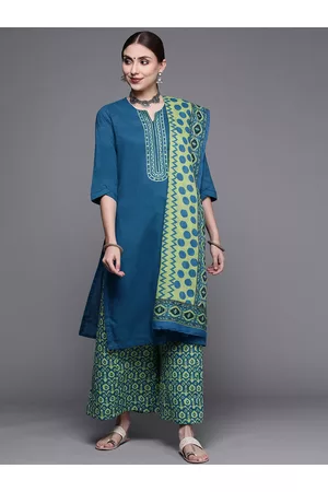 Biba Women Blue & Green Yoke Design Pure Cotton Kurta with Palazzos & Dupatta