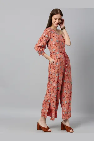 Global Desi Women Coral Orange & Turquoise Blue Printed One-Shoulder Basic Jumpsuit