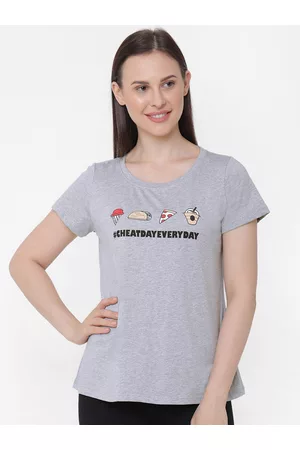 Soie Women Grey Printed Soft Cotton Modal Lounge T-shirt