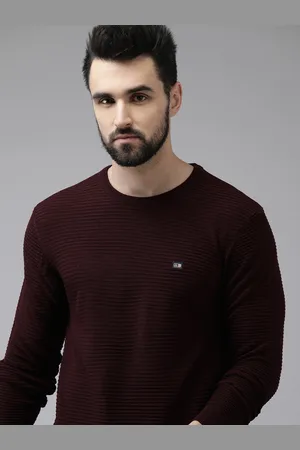 Arrow Men Burgundy Striped Self Design Acrylic Pullover
