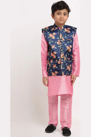 Kraft Boys Pink Floral Dupion Silk Kurta with Pyjamas & Nehru Jacket