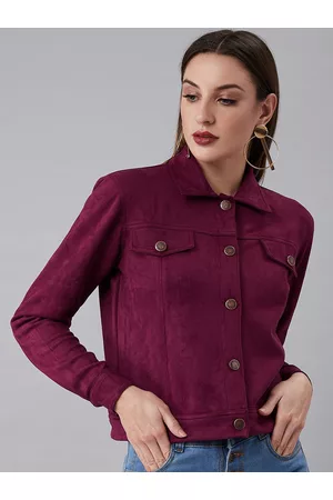 ATHENA Women Burgundy Solid Tailored Suede Jacket