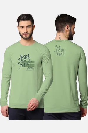 bullmer Men Green Front & Back Graphic Printed Blended Cotton Full Sleeve T-shirt