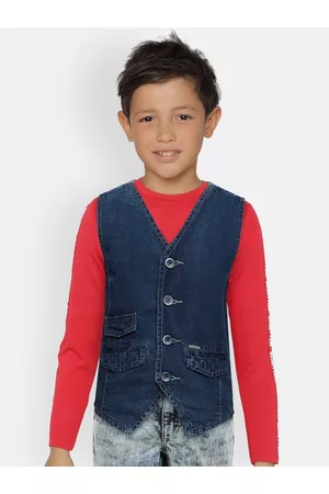 Lee Boys Navy Blue Solid Pure Cotton Denim Waistcoat