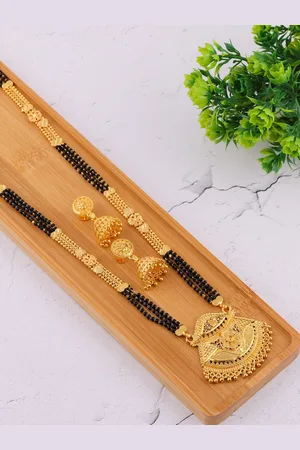 Brandsoon Gold-Plated & Black Beaded Mangalsutra With Earrings