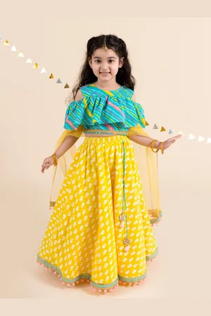 pspeaches Girls Yellow & Blue Printed Ready to Wear Lehenga & Blouse With Dupatta