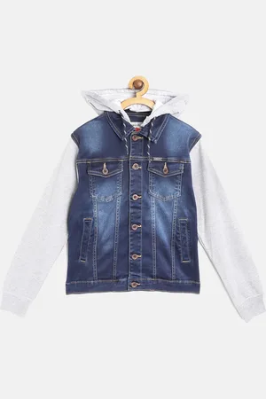 Gini and Jony Boys Navy Blue & Grey Melange Washed Denim Jacket with Detachable Hood