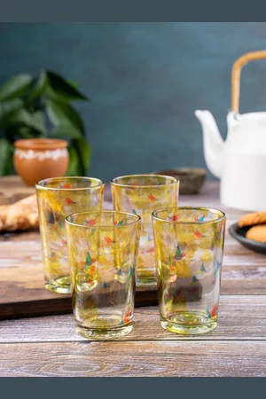 KOLOROBIA Set Of 4 Green & Blue Gond Art Inspired Chai Glasses-200ML