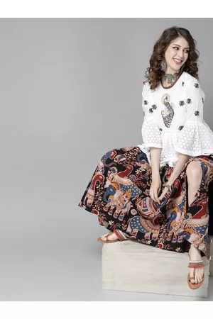 Ishin White & Brown Pure Cotton Embroidered Bell Sleeves Peplum Top