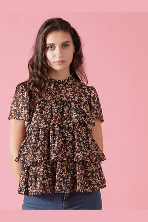 Gipsy Women Black & Yellow Floral Print Polyester Tiered Top