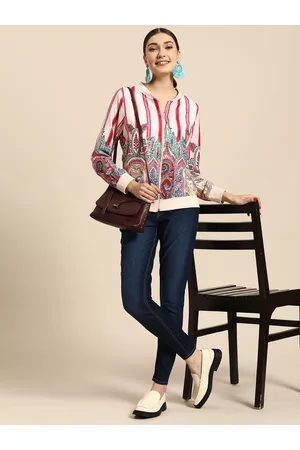 Sangria Women Off White & Pink Ethnic Motifs Printed Zipper Sweatshirt