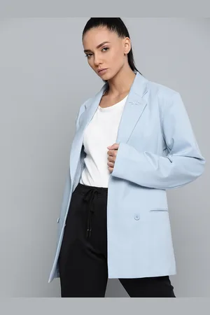 Reebok Women Blue Double-Breasted Oversized Fit Solid Blazer