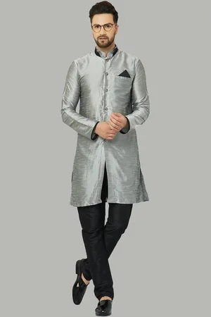 Kaifoo Men Silver Silk Blend Mandarin collar Kurta with Pyjamas