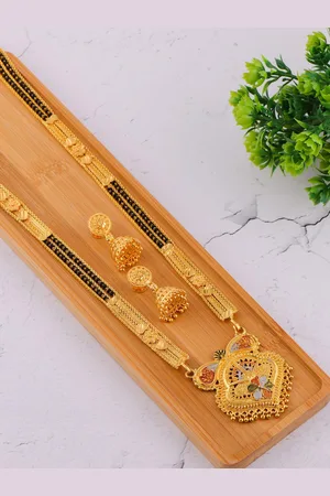 Brandsoon Gold-Plated & Black Beaded Mangalsutra With Earrings