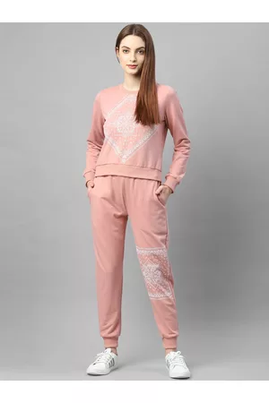 Rigo Women Peach-Coloured & White Slim-Fit Printed Tracksuit