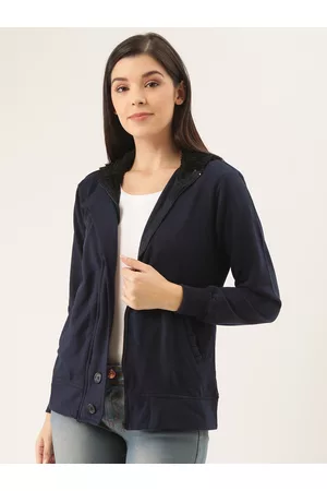 Belle Women Navy Blue Solid Tailored Hooded Jacket