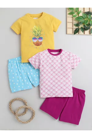 BUMZEE Girls Yellow & Pink Pack of 2 Pure Cotton T-Shirts & Shorts