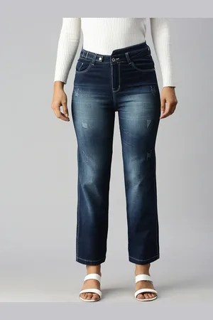 SHOWOFF Women Blue Straight Fit High-Rise Mildly Distressed Heavy Fade Stretchable Jeans