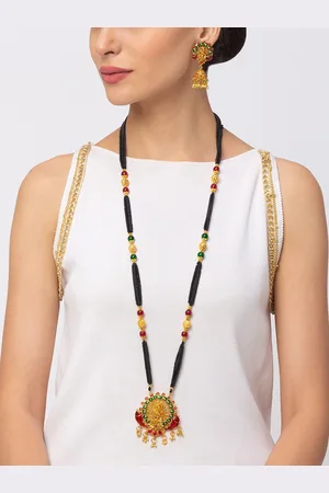 Digital Dress Room Micro Gold-Plated Black & Red Beaded Studded Mangalsutra With Earrings