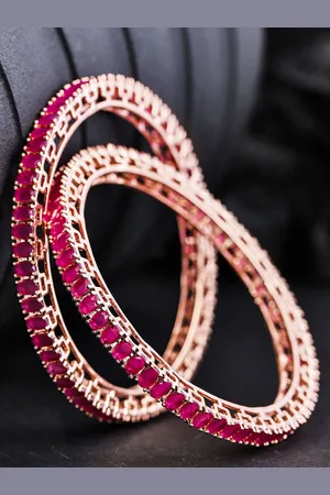 Priyaasi Set Of 2 Rose Gold-Plated & Magenta Pink Ruby-Studded Handcrafted Bangles