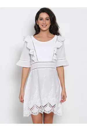 MARC LOUIS Women White Lace Embroidered A-Line Dress
