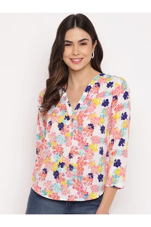 Mayra Women White & Pink Printed Crepe Shirt Style Top