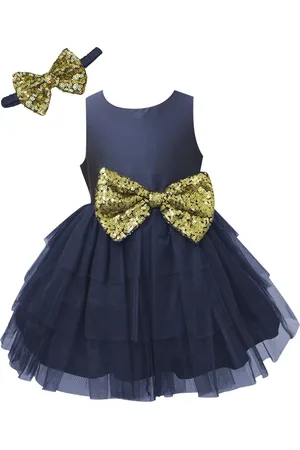 A.T.U.N. Girls Navy Blue & Gold-Toned Solid Net Fit & Flare Dress