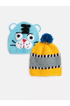 CHUTPUT Kids Set of 2 Blue & Mustard Yellow Crochet Beanie