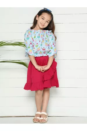 LilPicks Girls Turquoise Blue & Red Printed Top with Skirt