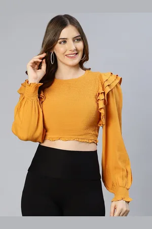 Oxolloxo Women Mustard Yellow Ruffles Smocked Crepe Crop Top