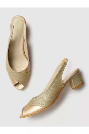 Marc Loire Women Gold-Toned Woven Design Peep Toe Block Heels with Shimmer Detail