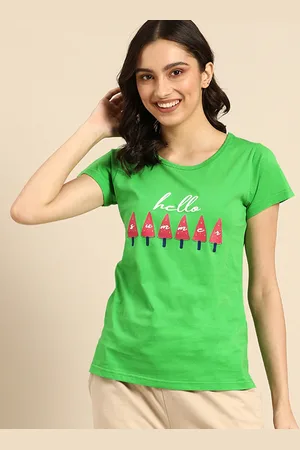 Clt.s Women Green & Pink Pure Cotton Graphic Printed Lounge T-shirt