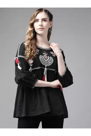 Ishin Black Floral Embroidered Empire Top
