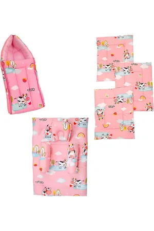 Baby Moo 7 Pcs Pink & White Printed Bedding Set